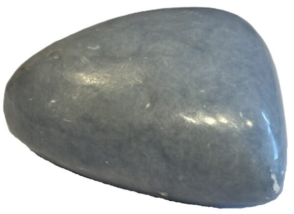 Polished natural angelite carved heart crystal 3 sians emporium Smooth polished blue angelite carved heart crystal showing natural white mineral flecks on a white background